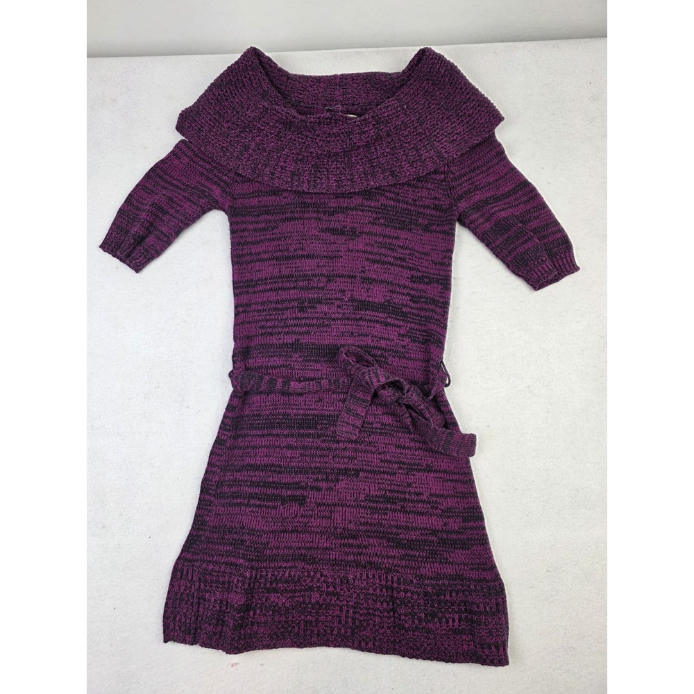 Vintage Y2K Muddâ Cowl Neck Mini Knit Sweater Dress Purple Black 2000s Size S